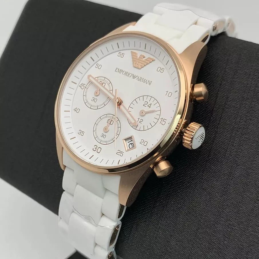 Emporio Armani AR5920 — Reloj de Mujer con Esfera Plateada y Brazalete de Acero y Silicona Blanco
