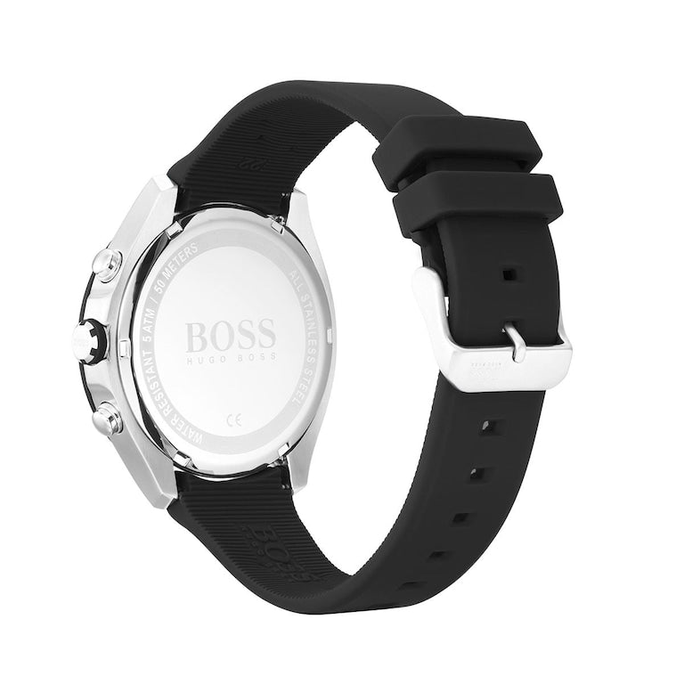 Hugo Boss 1513716 — Reloj de Hombre con Cronógrafo y Correa de Silicona Negra