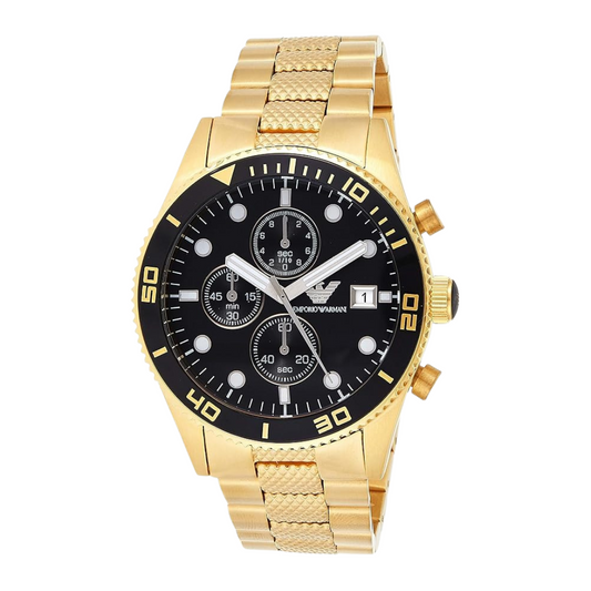 Emporio Armani AR5857 — Reloj de Hombre con Esfera Negra y Correa de Acero Inoxidable en Tono Dorado