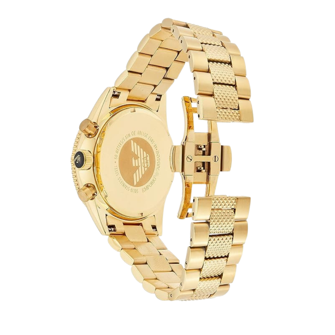 Emporio Armani AR5857 — Reloj de Hombre con Esfera Negra y Correa de Acero Inoxidable en Tono Dorado