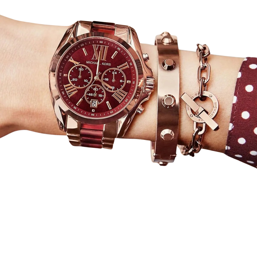 Michael Kors MK6270 — Reloj Bradshaw Oversize para Mujer en Oro Rosa con Acentos Borgoña
